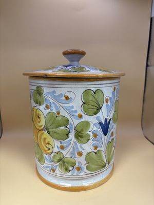 Kitchen Misc. Italy. Canister with lid. Ceramic. Made in Italy. Yellow-trimmed with light green &amp; blue. 7"H