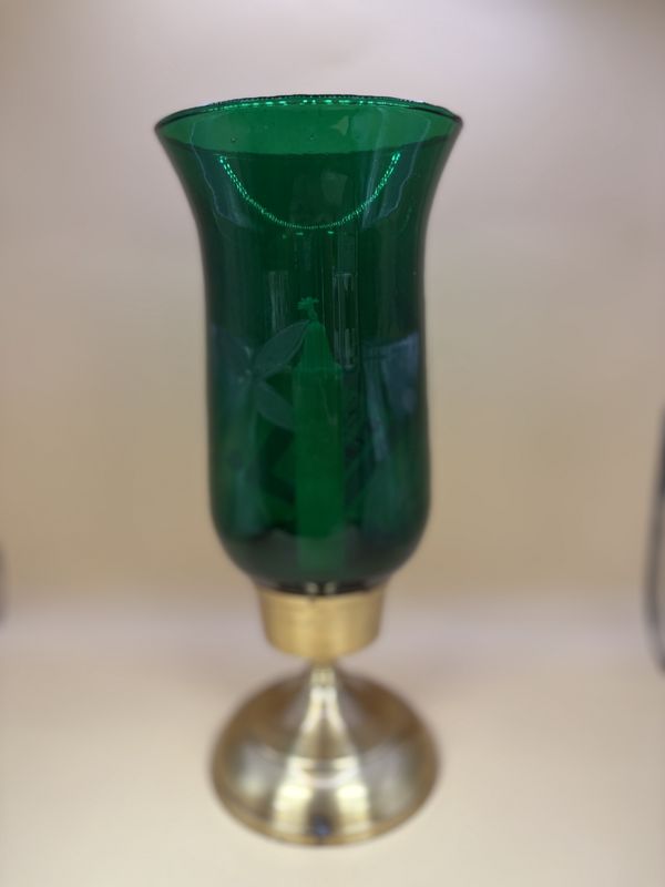Home &amp; Bath. Hurricane-style Candle Holder. Green Glass w/Etching, Gold Base. 10.5&quot;H