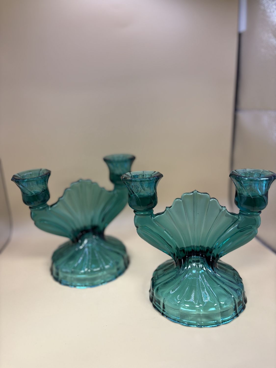 Glass. USA. Jeanette Glass Company. Vintage Ultramarine Double Candleholder. Set of 2. 5.75&quot;H