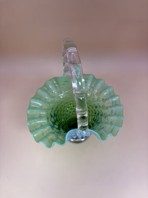 Glass. USA. Fenton. Basket. Green and Blue. Hobnail. Ruffled Edge. Bamboo Style Handle. 6"H