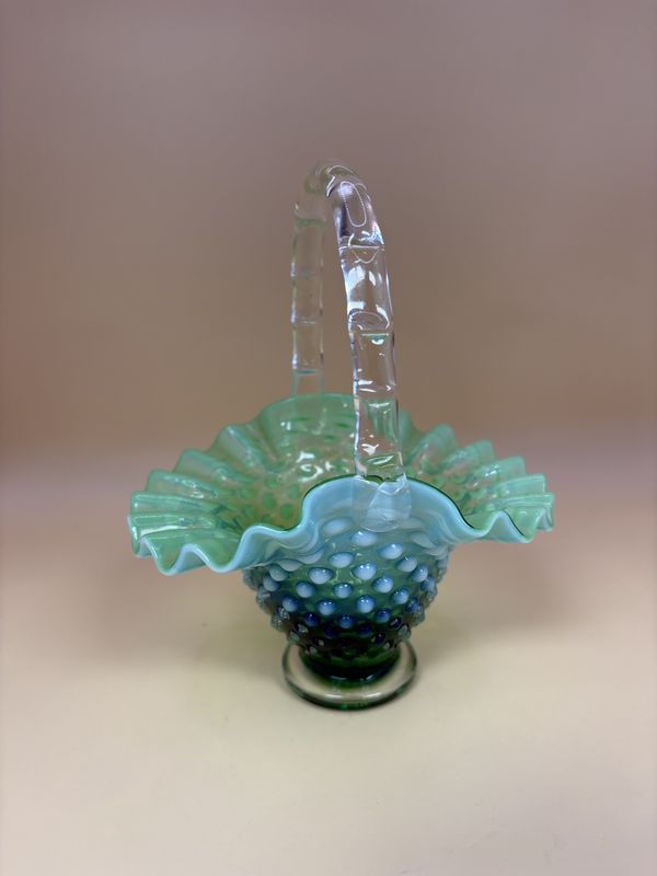 Glass. USA. Fenton. Basket. Green and Blue. Hobnail. Ruffled Edge. Bamboo Style Handle. 6&quot;H