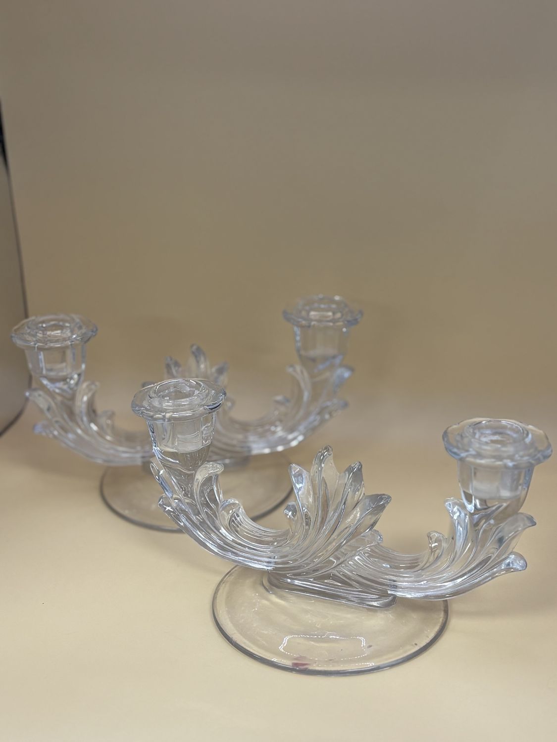 Glass. USA. Fostoria. Double Candlestick Holders. Baroque. Clear. 8&quot;W (Set of 2)