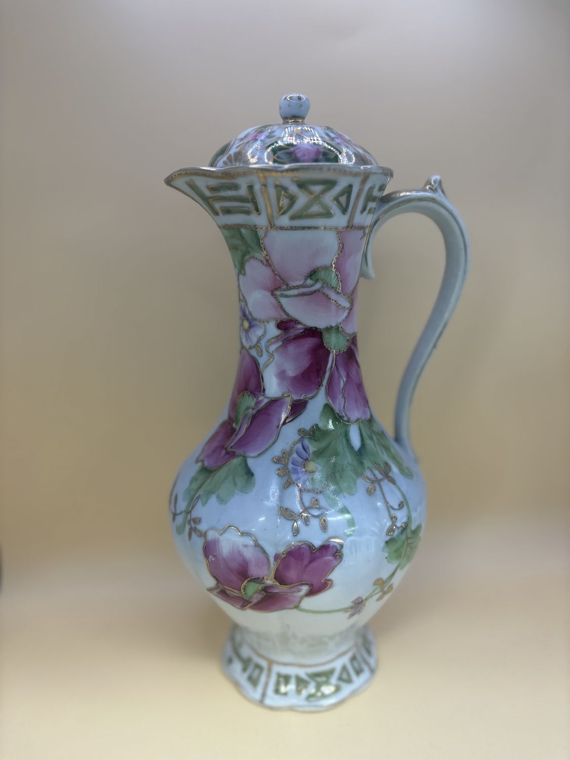 Porcelain. Japan. Nippon Antique Chocolate Pot w/Lid. Hand-painted Pink &amp; Purple Flowers w/Gold Trim. 11&quot;H