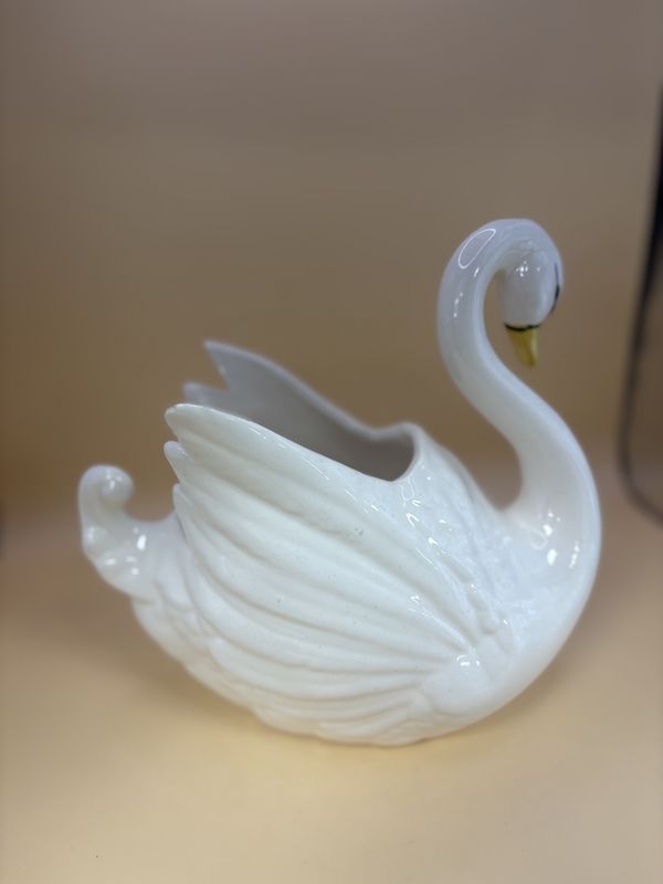 Ceramic. Planter. Swan. White with Black and Yellow Details.  8&quot;W.