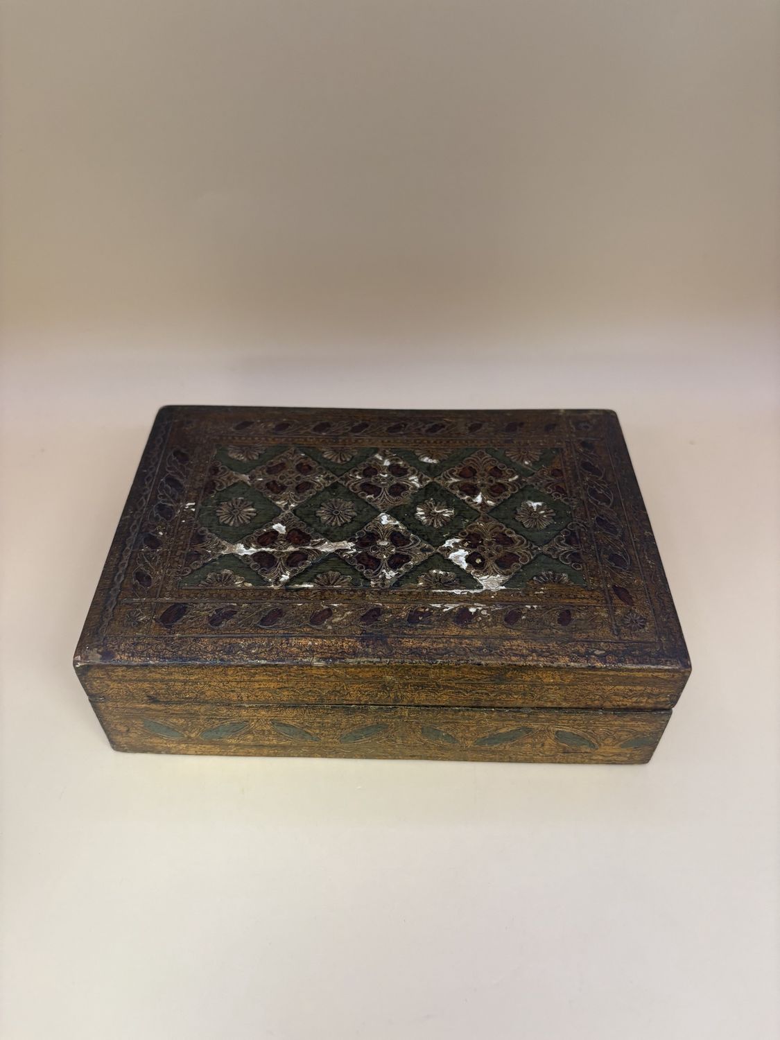 Wood. Box. Rectangle with Hinges. Gold Red and Green. 6&quot;W.