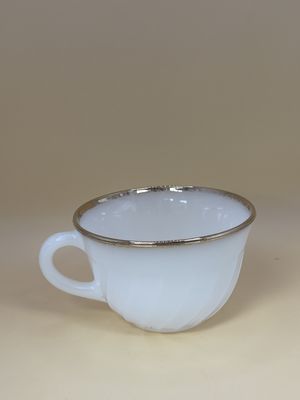 Glass. USA. Anchor Hocking. 20-Piece Tea Set (8 cups, 9 saucers, creamer, &amp; sugar w/lid). Opal Swirl w/Gold Trim.