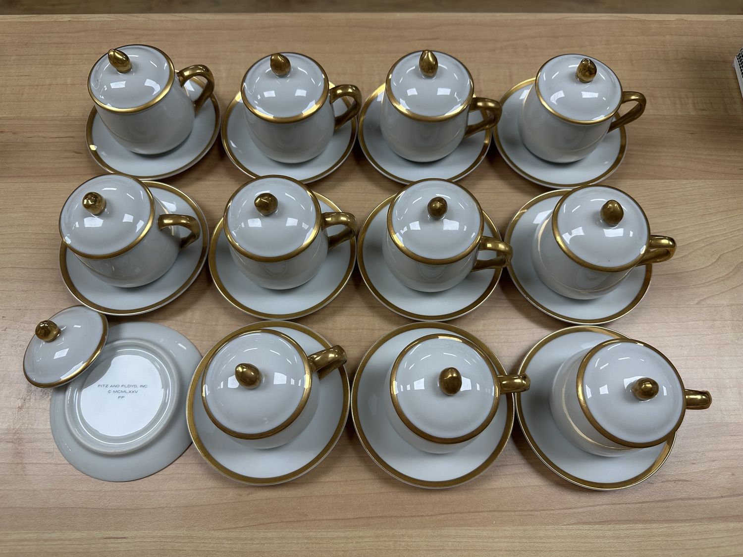 Ceramic. Japan. Fitz and Floyd. 1975 Pot de Creme Set - 11 pots, 12 lids, &amp; 12 saucer. White w/Gold Trim. Each one is 4&quot;W x 3.5&quot;H