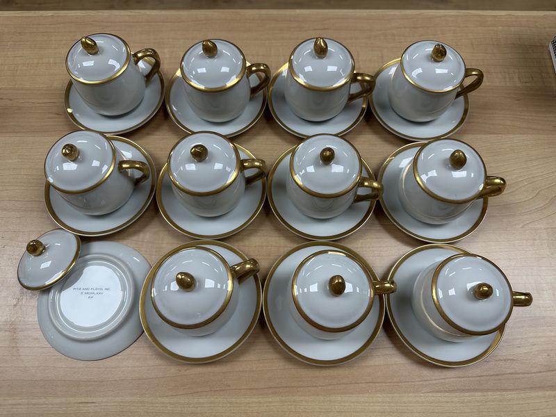 Ceramic. Japan. Fitz and Floyd. 1975 Pot de Creme Set - 11 pots, 12 lids, &amp; 12 saucer. White w/Gold Trim. Each one is 4&quot;W x 3.5&quot;H