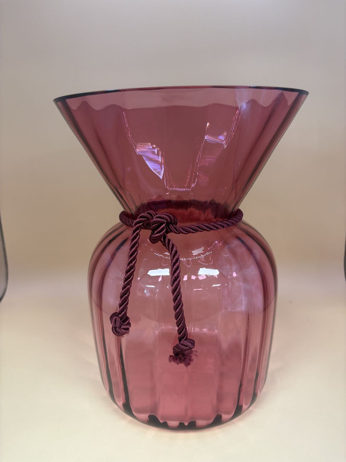 Glass. USA. Pilgrim. Cranberry Art Vase with Cranberry Rope Tie. 7.75&quot;H