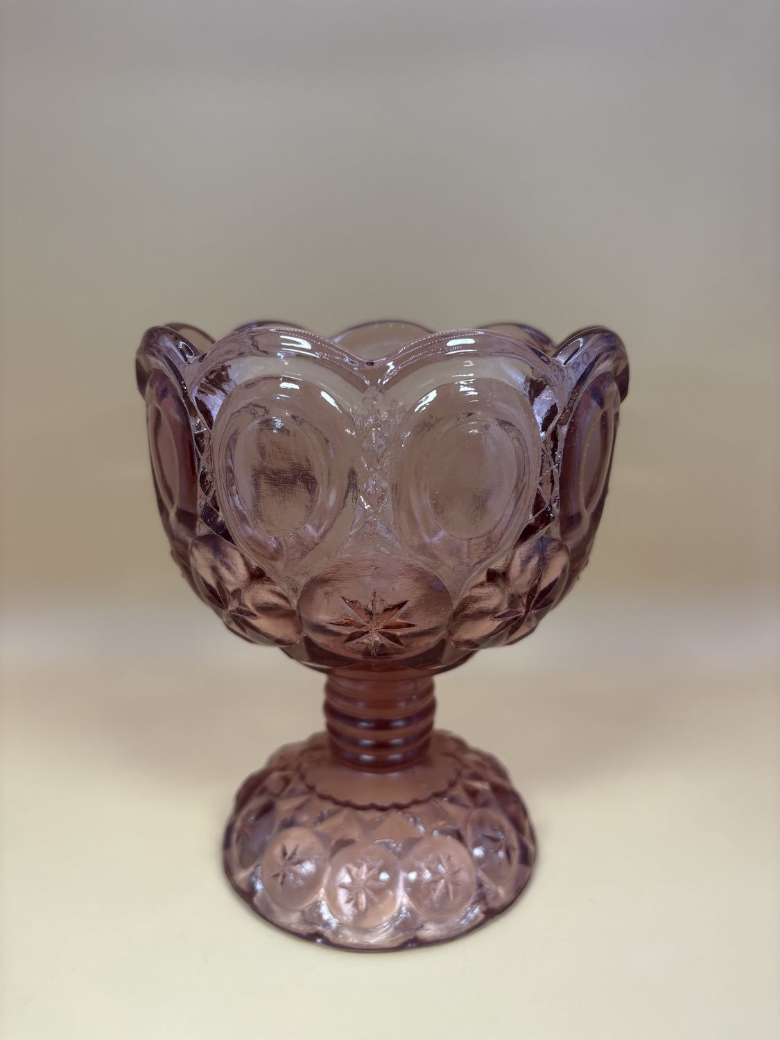 Glass. USA. LE Smith. Pink Moon and Stars Compote/Candy Dish. 6&quot;H