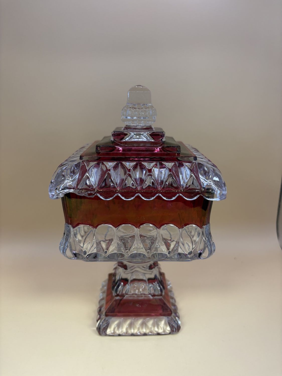 Glass. USA. Cranberry Candy Dish with Fitted Lid. 8.25&quot;H