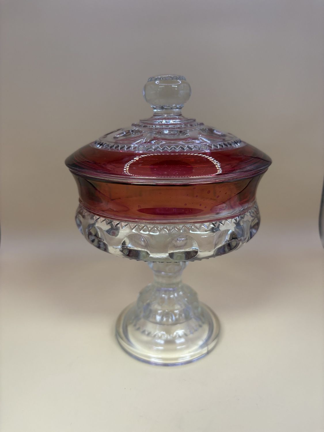 Glass. USA. Tiffin Glass Company. Kings Crown Thumbprint Compote w/Lid.  Cranberry.  7&quot;H