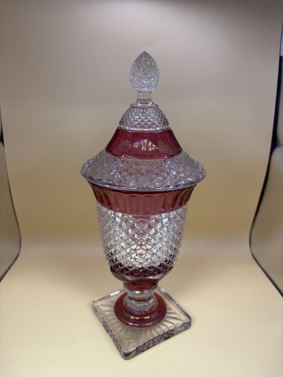 Glass. USA. Westmoreland Glass. Vintage Diamond Point Cranberry Apothecary Jar with Lid.