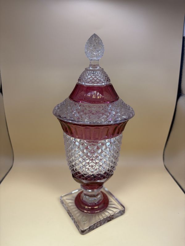 Glass. USA. Westmoreland Glass. Vintage Diamond Point Cranberry Apothecary Jar with Lid.