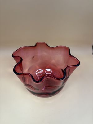Glass. USA. Fenton. Cranberry Ruffle Thumbprint Bowl. 4"H