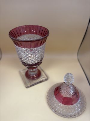Glass. USA. Westmoreland. Apothecary Jar with Lid. Vintage. Diamond Point Cranberry.