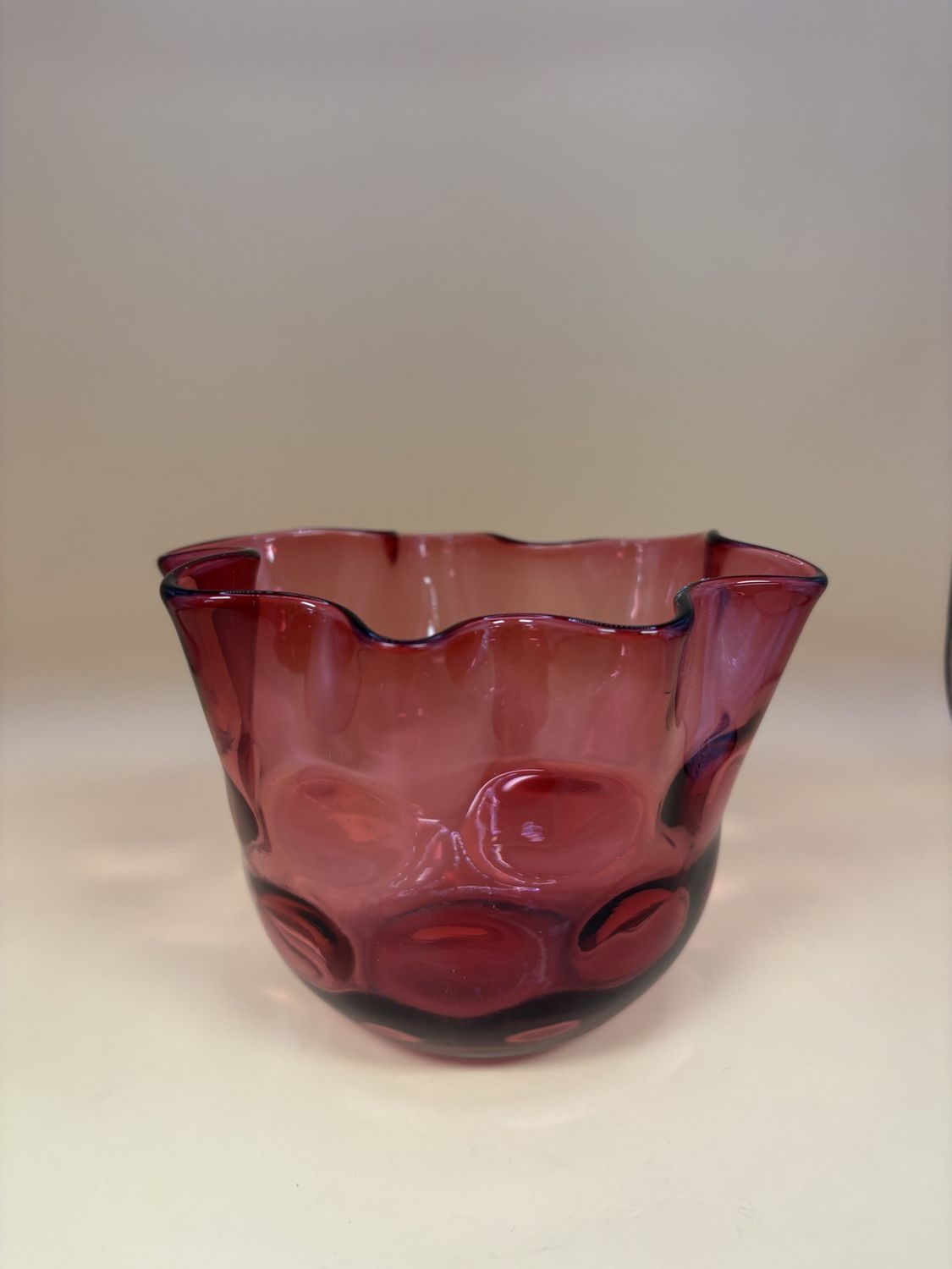 Glass. USA. Fenton. Cranberry Ruffle Thumbprint Bowl. 4&quot;H