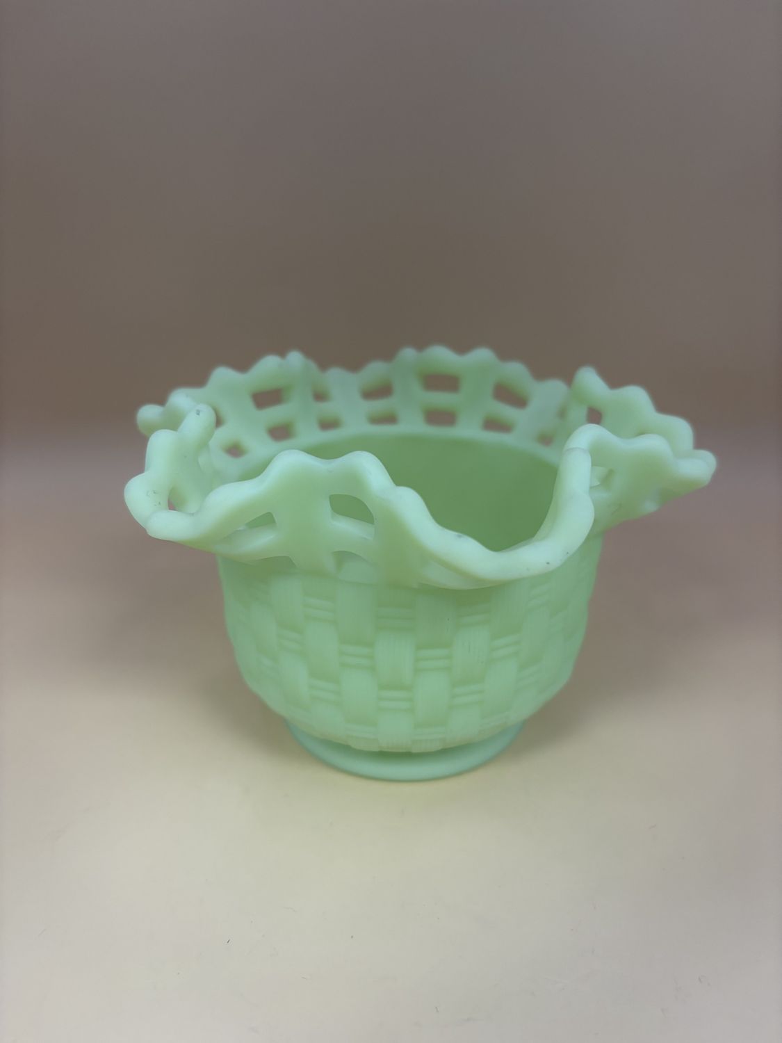 Glass. USA. Fenton. Lime Green Basketweave Bowl. Satin Uranium Glass. Black Light Sensitive. 3.25&quot;H.  5.5&quot;W