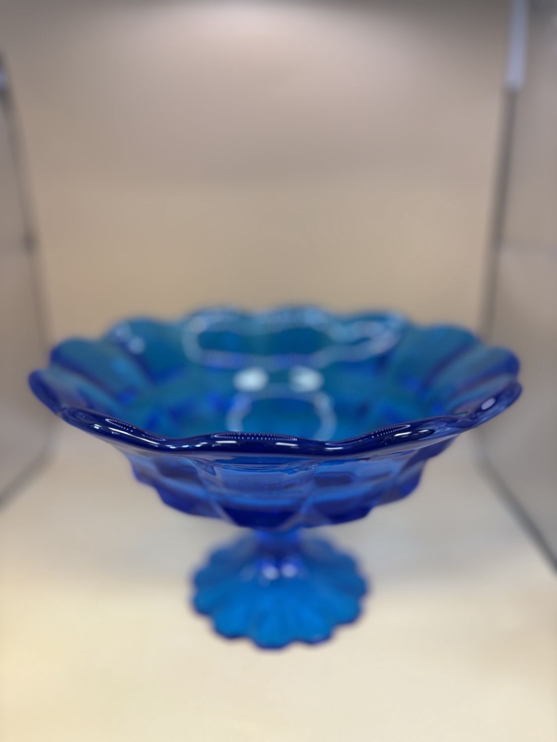 Glass. USA. Fenton. Large Peacock Blue Compote. 10&quot;W