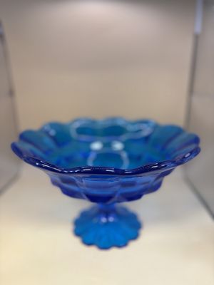 Glass. USA. Fenton. Large Peacock Blue Compote. 10"W