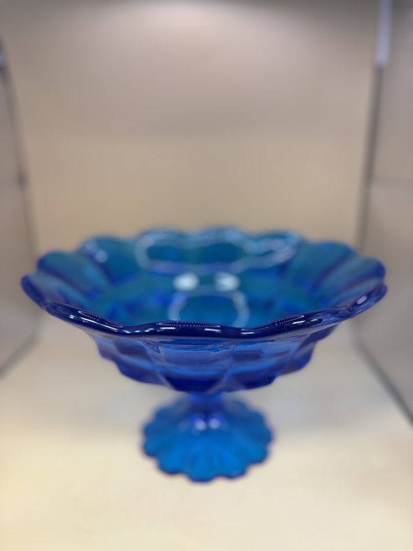 Glass. USA. Fenton. Large Peacock Blue Compote. 10&quot;W