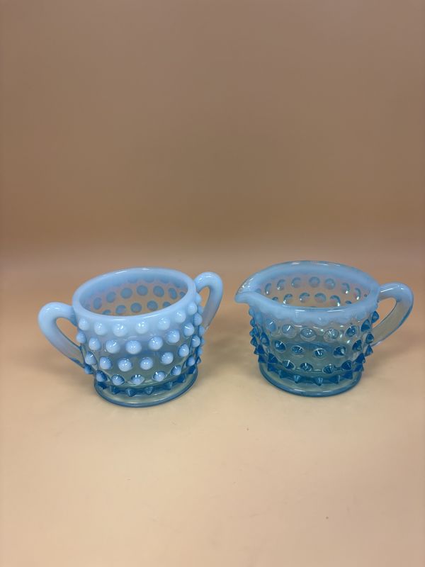 Glass. USA. Fenton. Light Blue Miniature Hobnail Opalescent Sugar &amp; Creamer Set. 2&quot;H