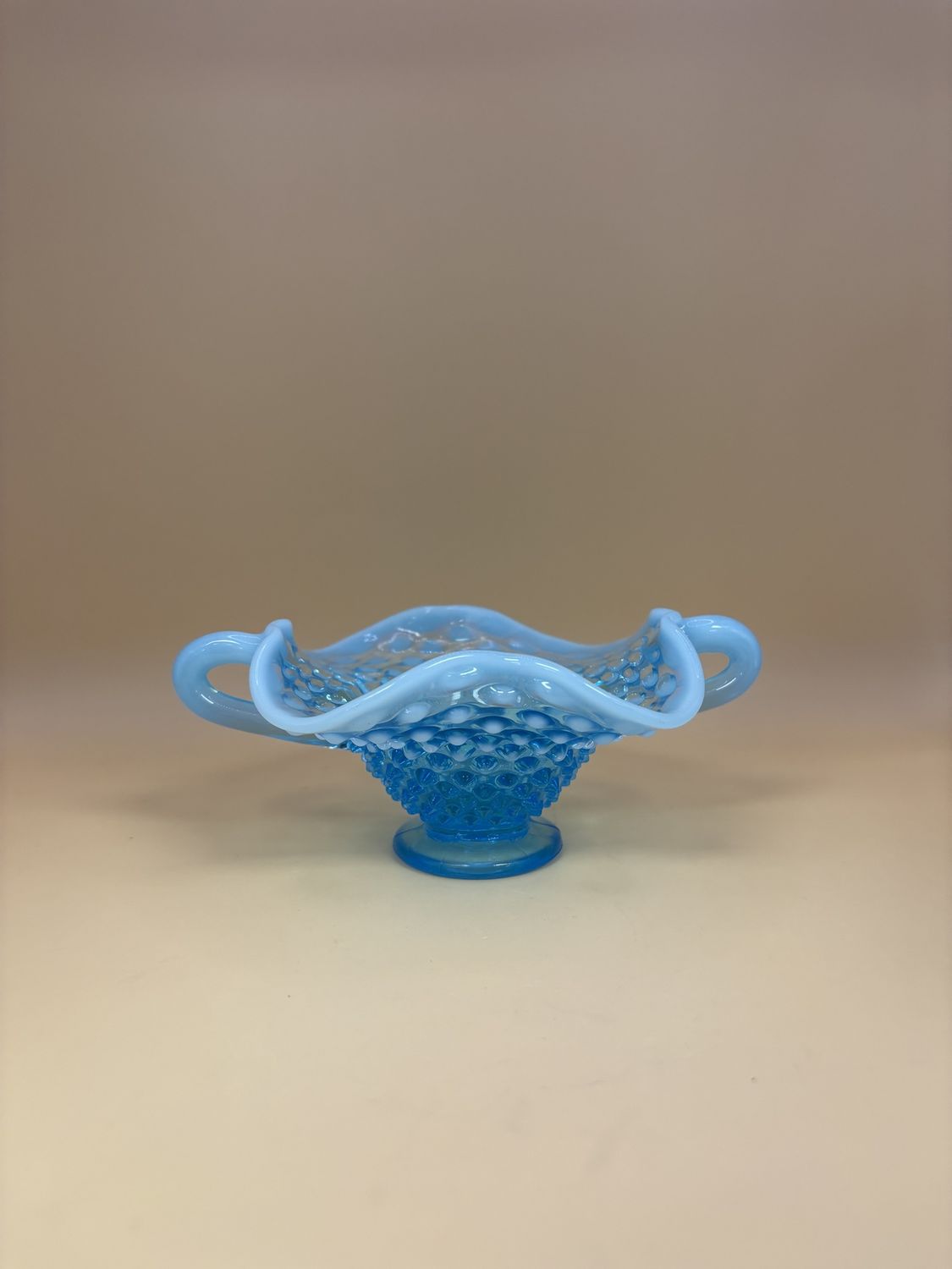 Glass. USA. Fenton. Light Blue Miniature Hobnail Opalescent Vase w/Octagonal Ruffled Top. 3.5&quot;H