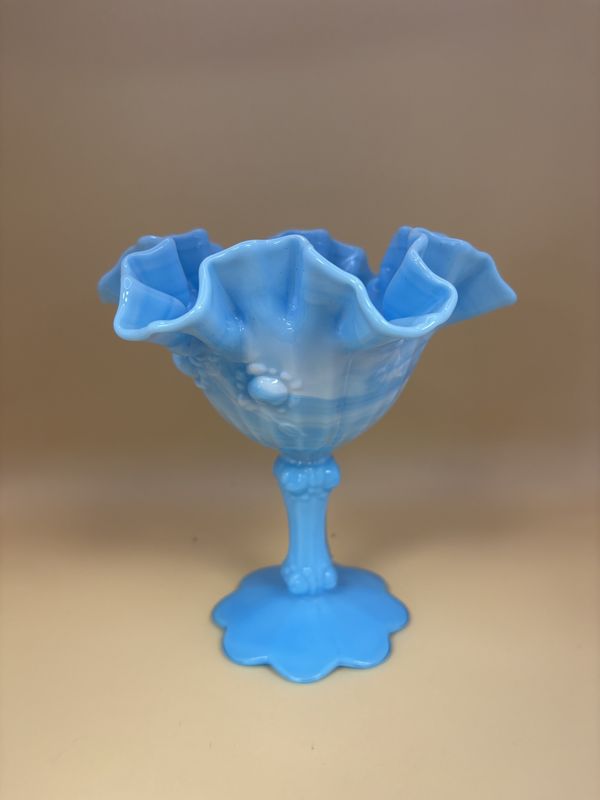 Glass. USA. Fenton. Cabbage Rose Blue Milk &amp; White Slag Glass Compote. 6.5&quot;H