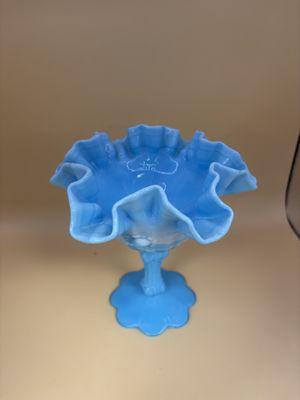 Glass. USA. Fenton. Cabbage Rose Blue Milk &amp; White Slag Glass Compote. 6.5"H