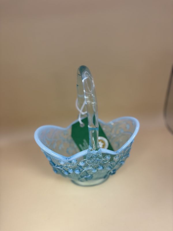 Glass. USA. Fenton. Lily of the Valley Flowers Blue Opalescent Glass Basket. 8"H