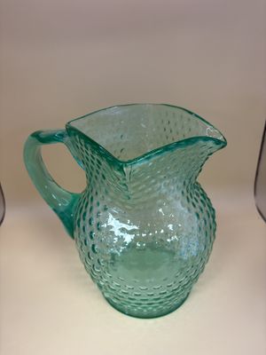 Glass. USA. Fenton. Pitcher. Green Opalescence Hobnail.  7"H.