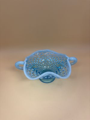 Glass. USA. Fenton. Light Blue Miniature Hobnail Opalescent Vase w/Octagonal Ruffled Top. 3.5"H