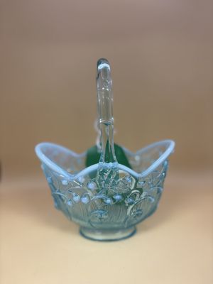 Glass. USA. Fenton. Lily of the Valley Flowers Blue Opalescent Glass Basket. 8"H
