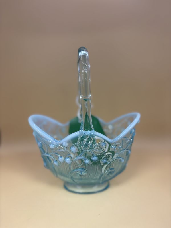 Glass. USA. Fenton. Lily of the Valley Flowers Blue Opalescent Glass Basket. 8&quot;H
