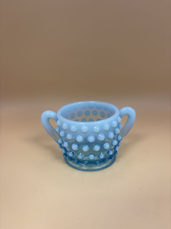Glass. USA. Fenton. Light Blue Miniature Hobnail Opalescent Sugar &amp; Creamer Set. 2"H