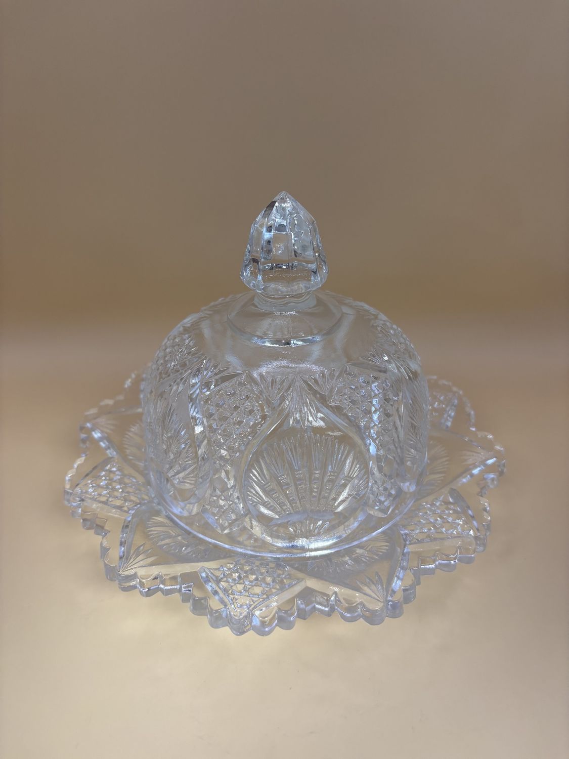 Glass. USA. Vintage EAPG Round Butter Dish w/Lid. Clear w/ Sawtooth Edge. 7.5&quot;W