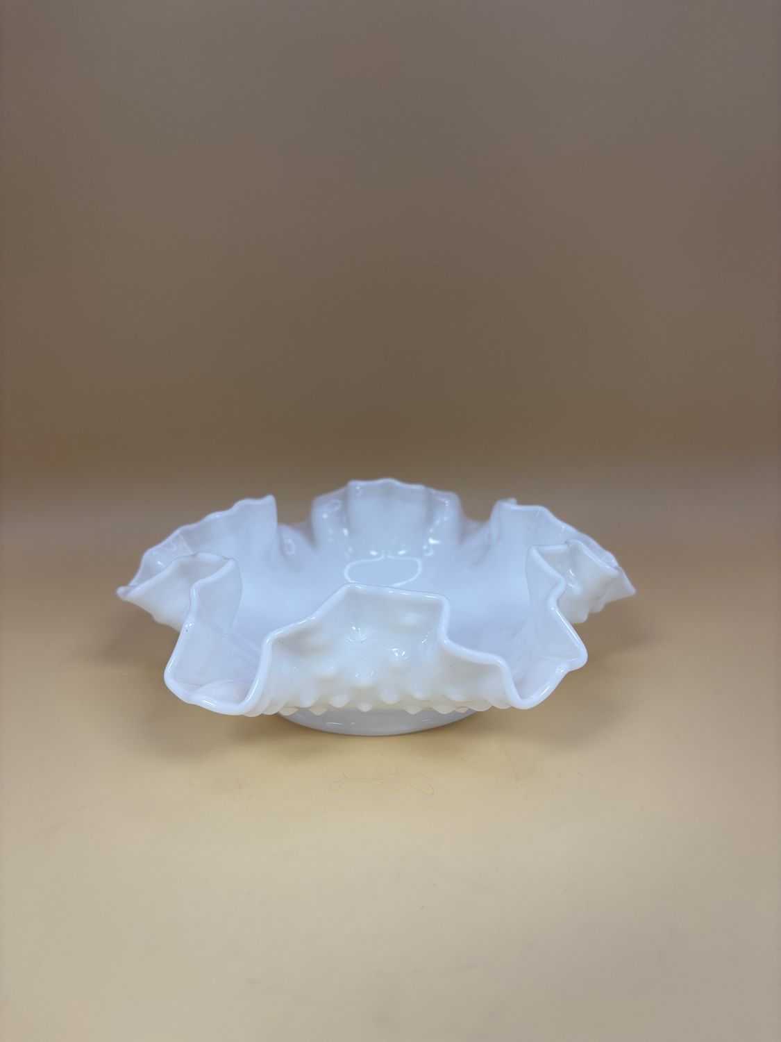 Glass. USA. Fenton. White Milk Glass Hobnail Ruffled Trinket Bowl. 6&quot;W