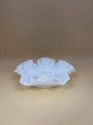 Glass. USA. Fenton. White Milk Glass Hobnail Ruffled Trinket Bowl. 6"W