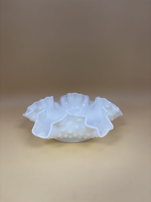 Glass. USA. Fenton. White Milk Glass Hobnail Ruffled Trinket Bowl. 6&quot;W