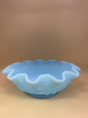 Glass. USA. Fenton. Blue Satin Glass Persian Medallion Bowl. Bearded Berry Pattern. 8"W.