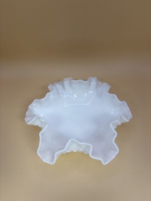 Glass. USA. Fenton. White Milk Glass Hobnail Ruffled Trinket Bowl. 6"W