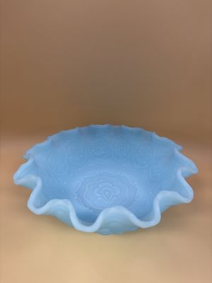 Glass. USA. Fenton. Blue Satin Glass Persian Medallion Bowl. Bearded Berry Pattern. 8"W.
