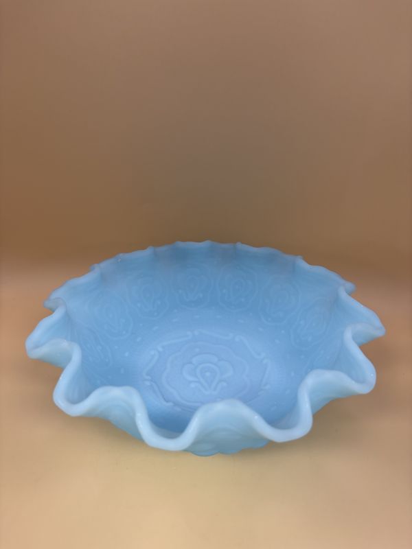Glass. USA. Fenton. Blue Satin Glass Persian Medallion Bowl. Bearded Berry Pattern. 8&quot;W.