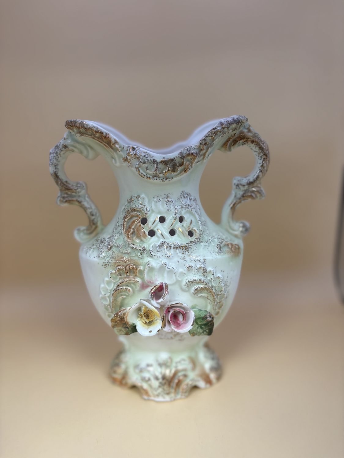 Porcelain. Germany. Vase. Green and Gold. Pink and Yellow Roses. Two Handles. 7.25&quot;H.
