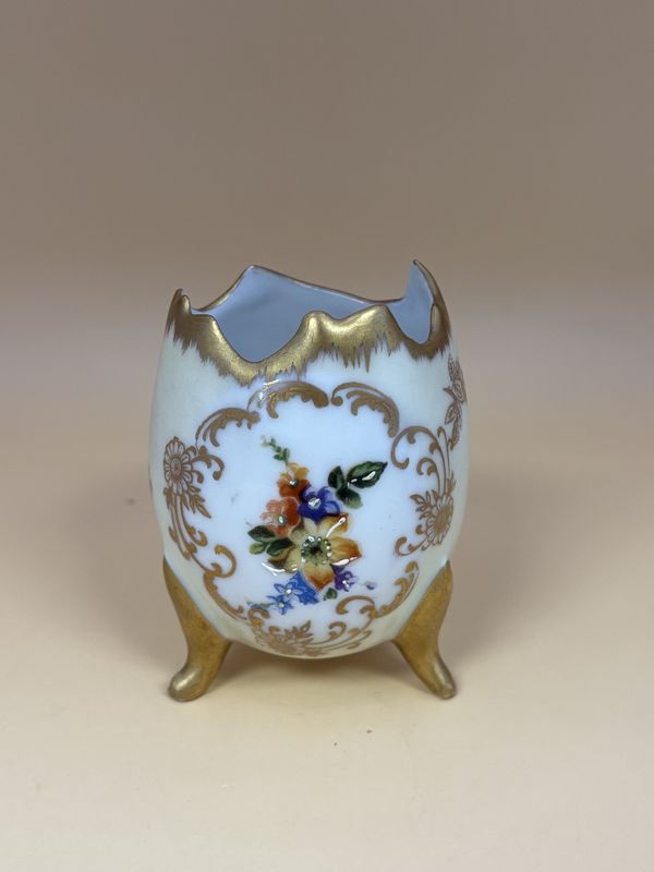 Porcelain. France. Limoges. Footed Egg Vase. Hand Painted Flowers w/Gold Trim. 3&quot;H