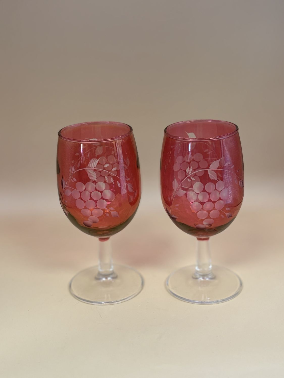 Crystal. Cordial Glasses w/Grape Design. Cranberry Color. Set of 2. 5.75&quot;H