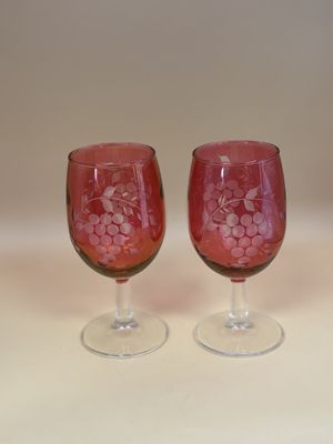 Crystal. Cordial Glasses w/Grape Design. Cranberry Color. Set of 2. 5.75"H