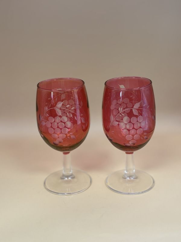 Crystal. Cordial Glasses w/Grape Design. Cranberry Color. Set of 2. 5.75&quot;H