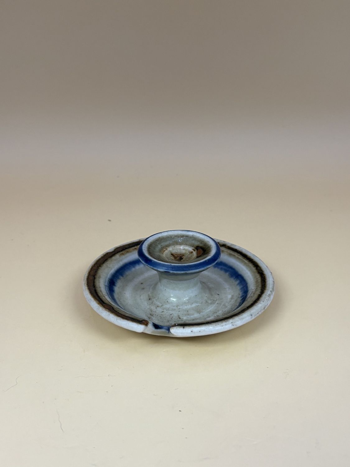 Pottery. USA. Candleholder. Tan w/Blue &amp; Brown Rings. 3.25&quot;W