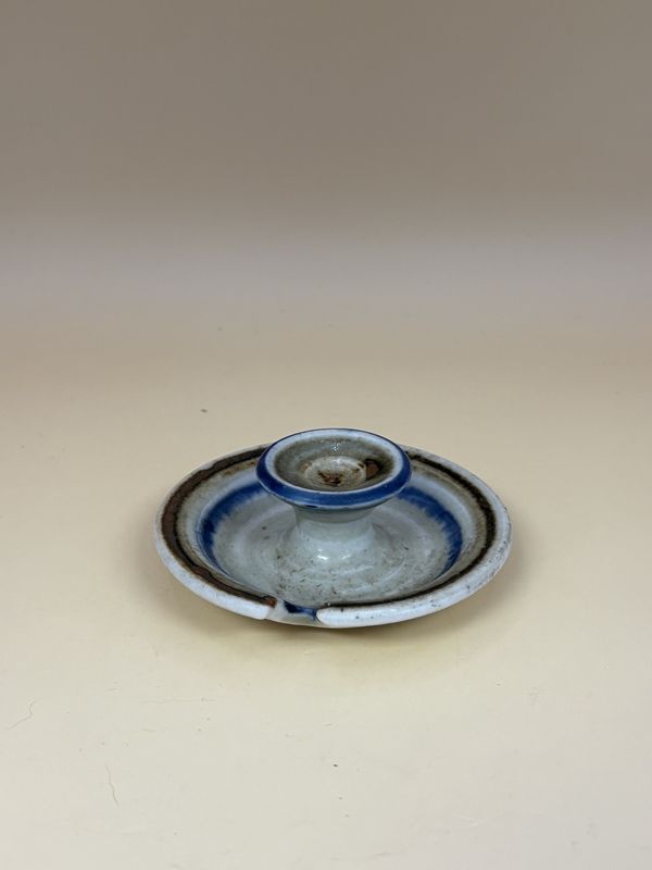 Pottery. USA. Candleholder. Tan w/Blue &amp; Brown Rings. 3.25&quot;W